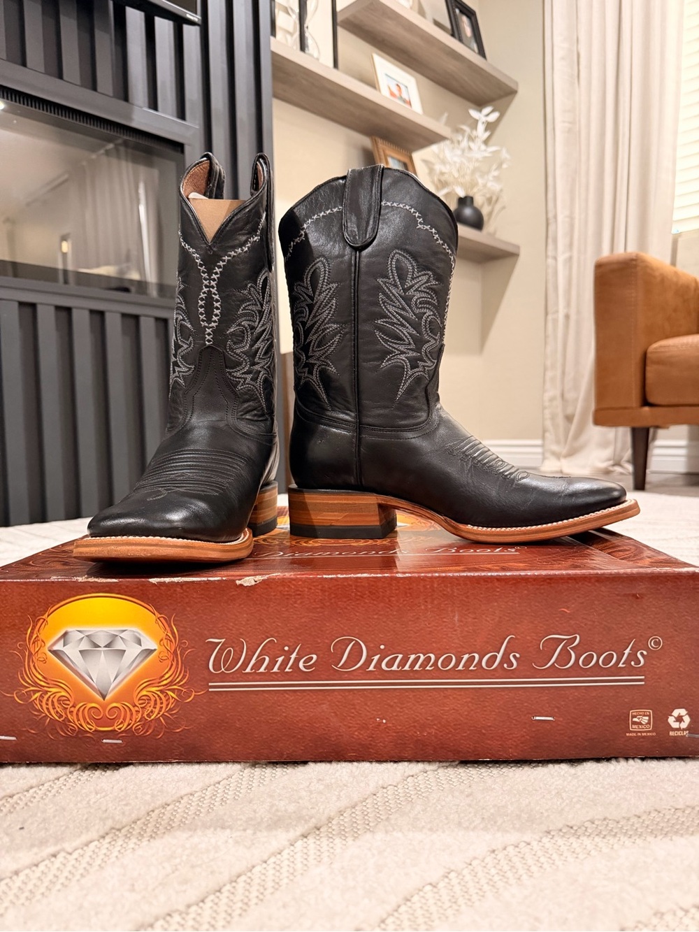 White Diamonds Black Leather Cowboy Boots for Men